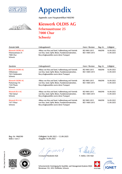 Zertifikat für Kieswerk Oldis von SQS 9001 2015 - 14.001 2015 -